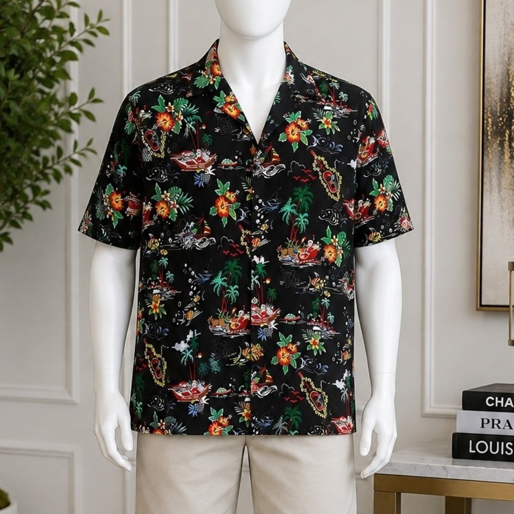 Unbranded Mens Button Down Shirt Hawaiian Tropical Island Print Black Size M